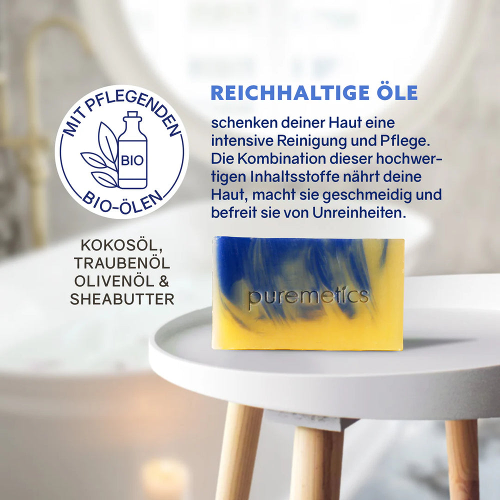 Gesichtspflegeseife Mediterran - Porentiefe Reinheit mit Bio-Ölen von Puremetics Infos