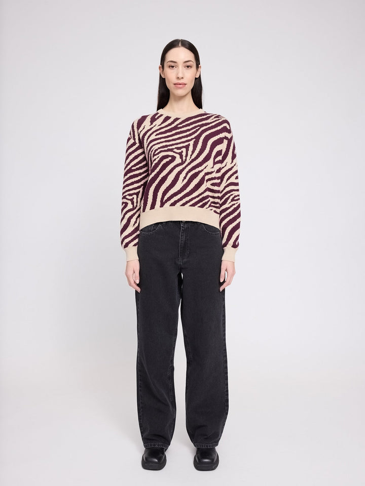 Pullover Zebra Jacquard Knit Jumper Light Beige/Burgundy von Mazine 1