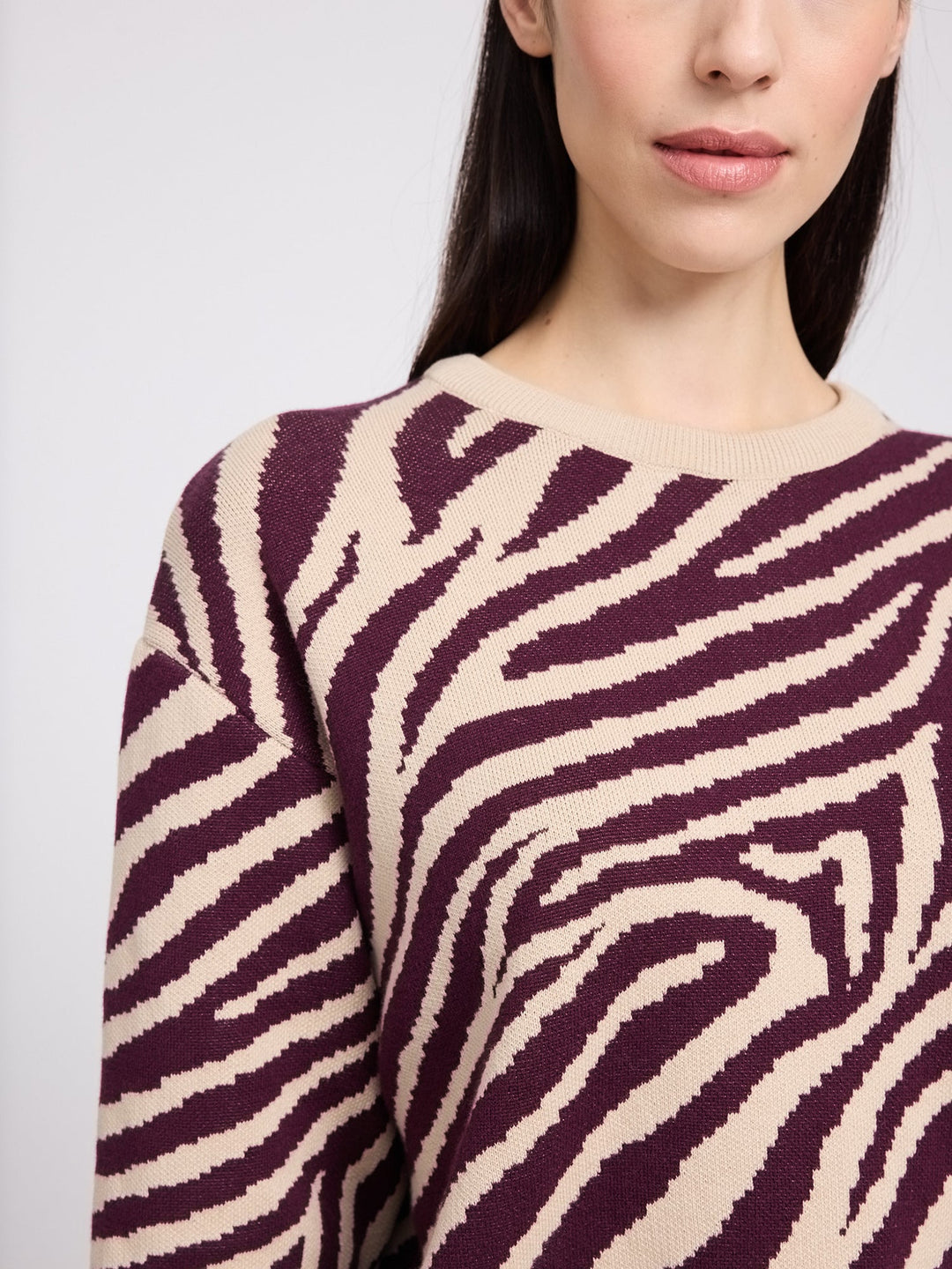 Pullover Zebra Jacquard Knit Jumper Light Beige/Burgundy von Mazine 3