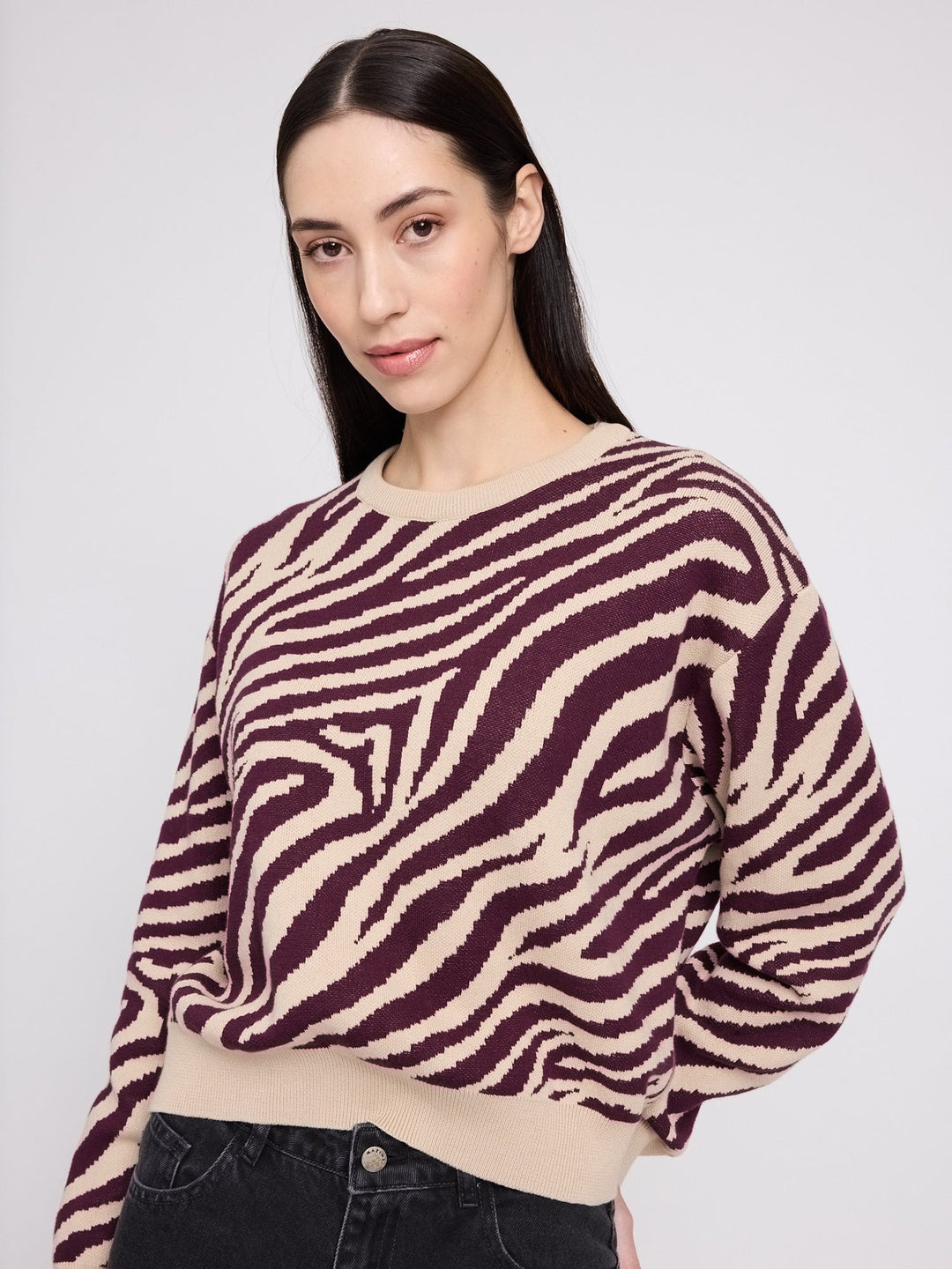 Pullover Zebra Jacquard Knit Jumper Light Beige/Burgundy von Mazine 5