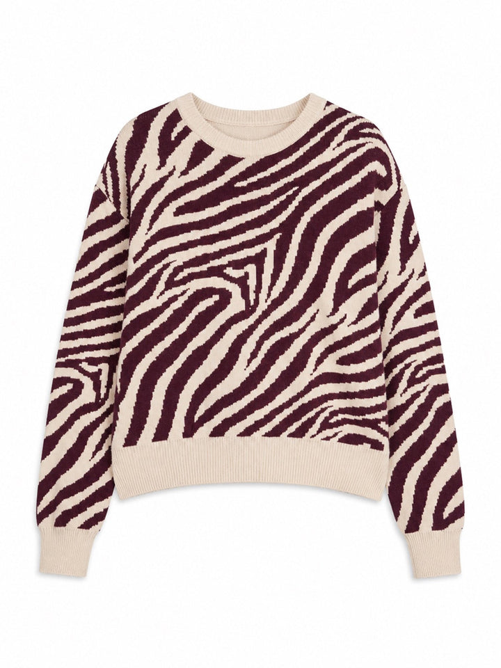 Pullover Zebra Jacquard Knit Jumper Light Beige/Burgundy von Mazine 6