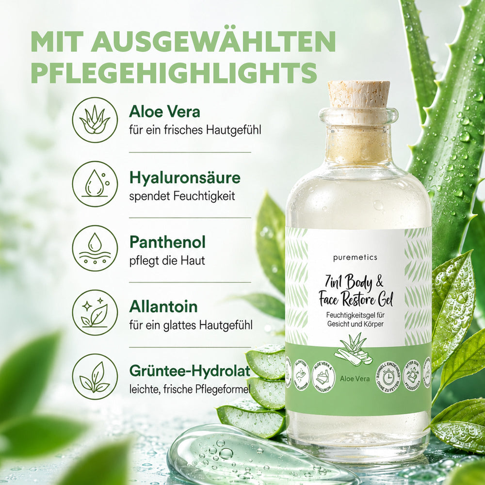 Aloe Vera Gel mit Hyaluron und Panthenol – Pflegehighlights puremetics