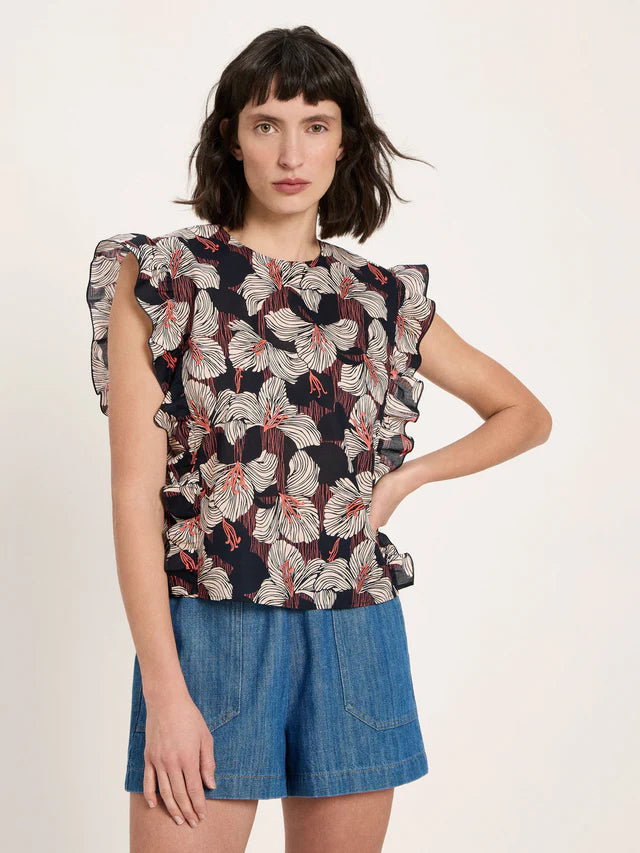 Blusenshirt mit Volant GOTS Print Bloom Onyx von Lanius 1