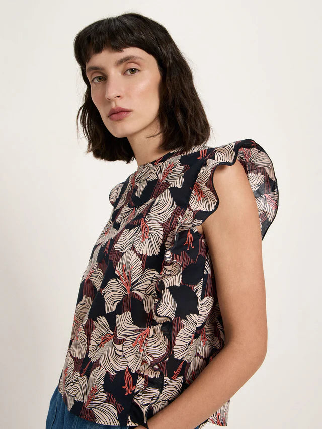 Blusenshirt mit Volant GOTS Print Bloom Onyx von Lanius