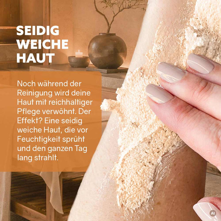 Dusch-Fluff Balance Zuckerpeeling auf der Haut aufgetragen