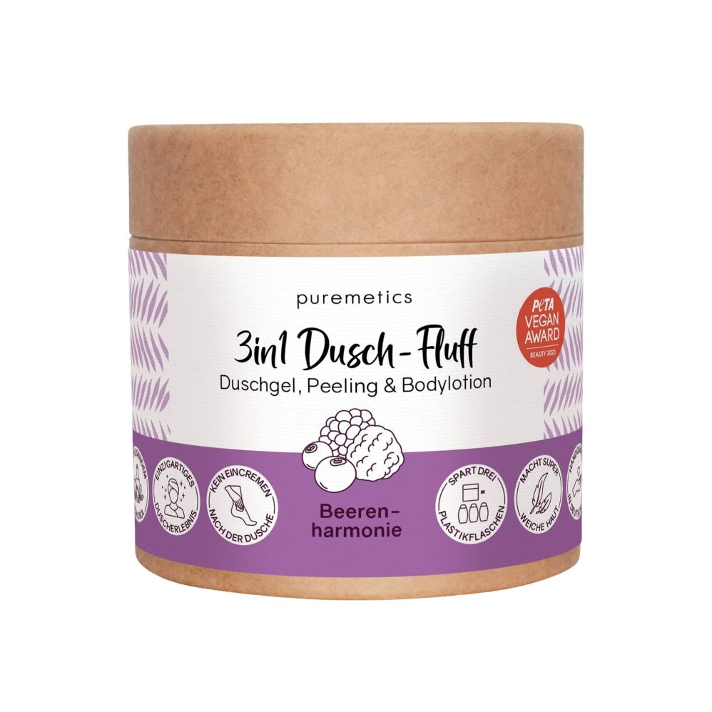 3in1 Dusch-Fluff Beerenharmonie von puremetics – Kartondose von vorn
