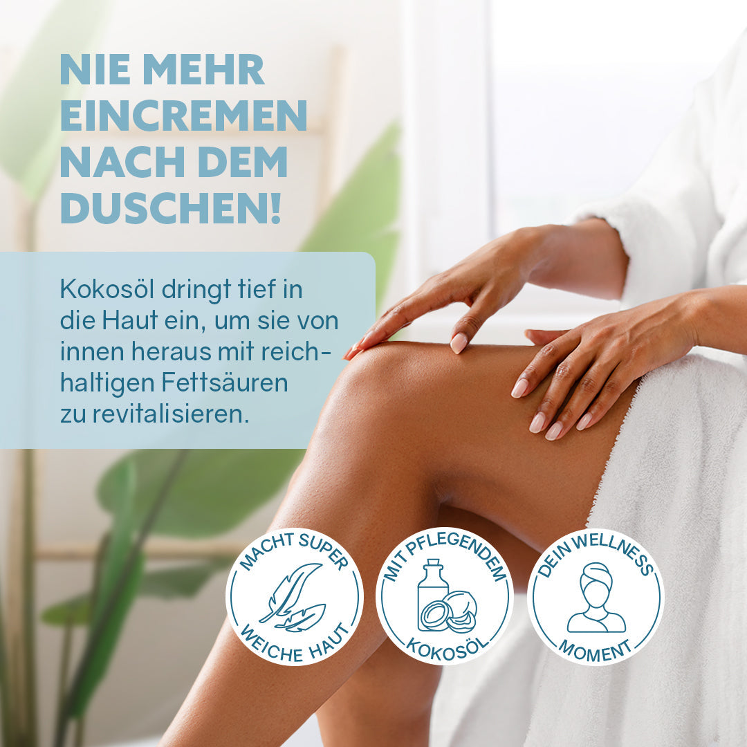 Dusch-Fluff Cotton Glas am Bein aufgetragen