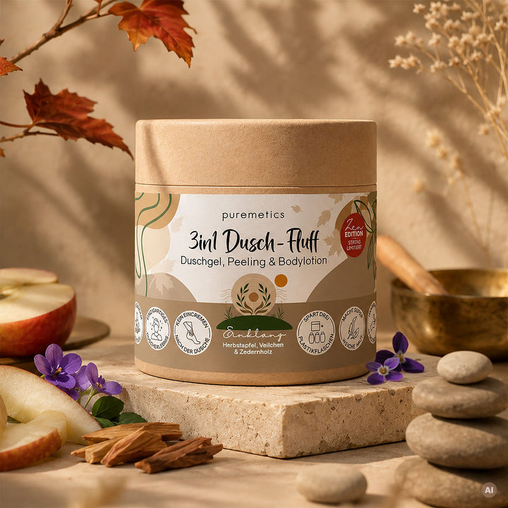 Dusch-Fluff Einklang: Herbstapfel, Veilchen & Zedernholz von Puremetics im Becher