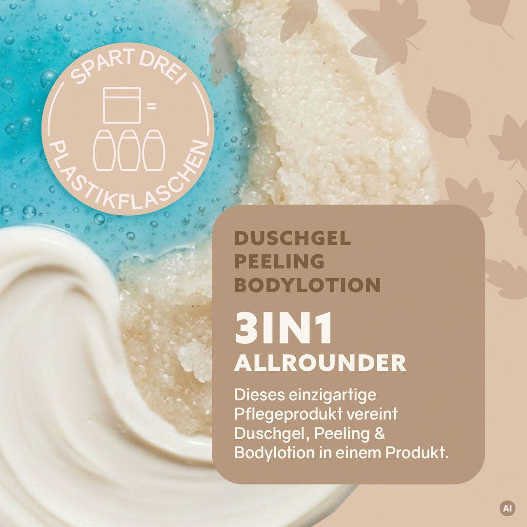 Dusch-Fluff Einklang: Duschgel, Zuckerpeeling & Pflege in einem Produkt