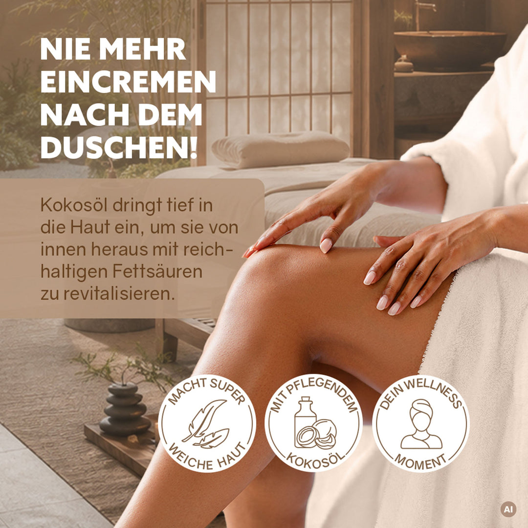 Dusch-Fluff Einklang am Bein aufgetragen
