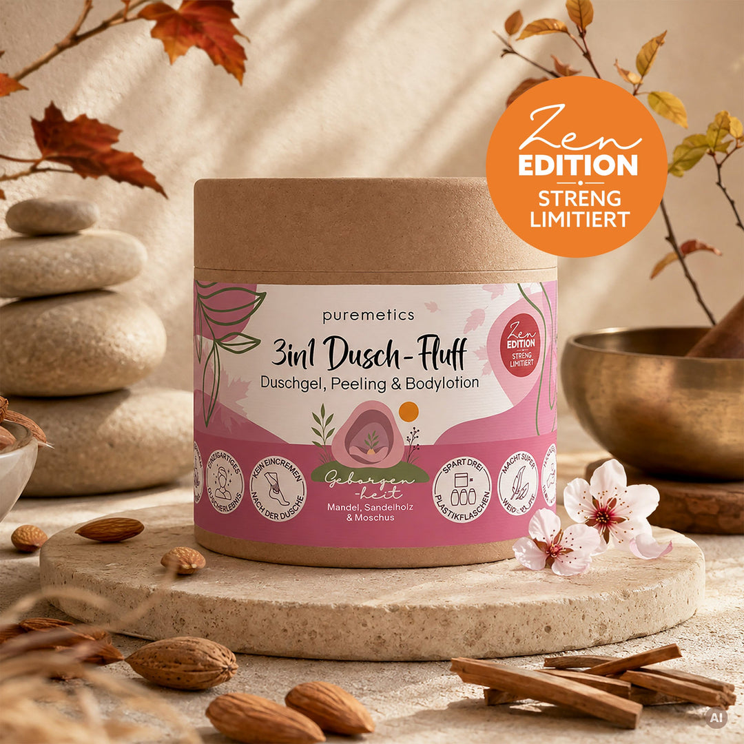 Dusch-Fluff Geborgenheit: Mandel, Sandelholz & Moschus von Puremetics im Becher
