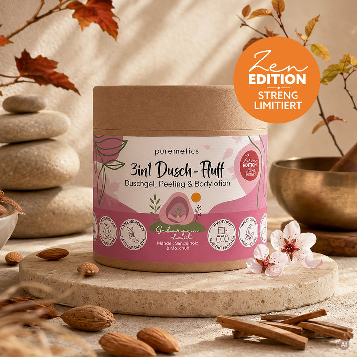Dusch-Fluff Geborgenheit: Mandel, Sandelholz & Moschus von Puremetics im Becher