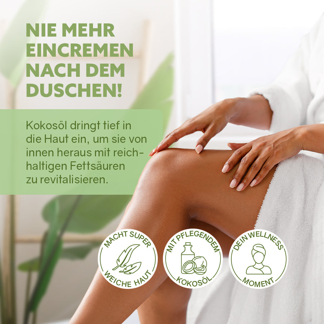Dusch-Fluff Limette Glas am Bein aufgetragen