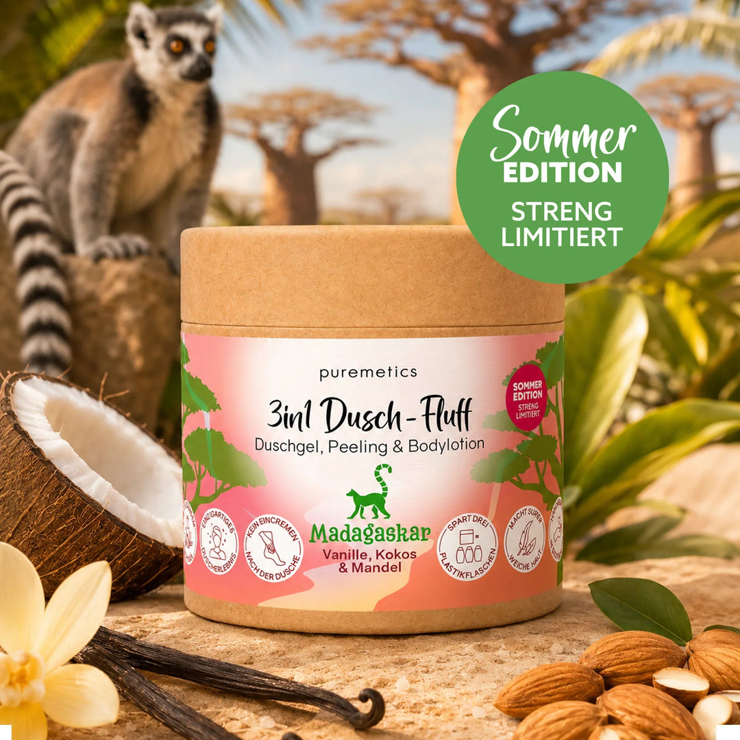 3in1 Dusch-Fluff Madagaskar mit Vanille, Kokos & Mandel von puremetics