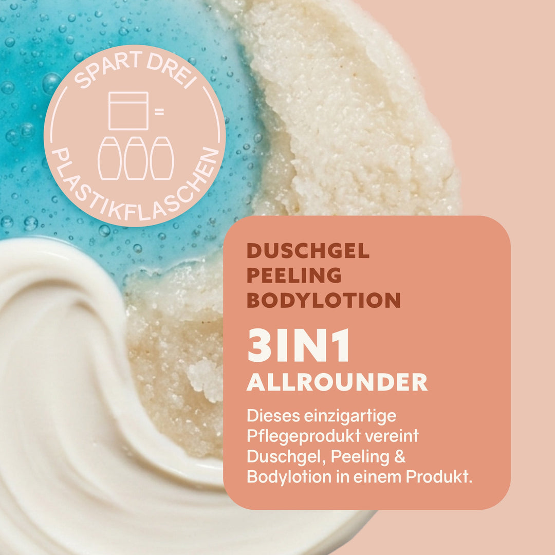 Dusch-Fluff Mandelmilch Glas: Duschgel, Zuckerpeeling & Pflege in einem