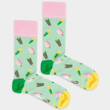 DillySocks bunte Socken auf mintgrünem Muster
