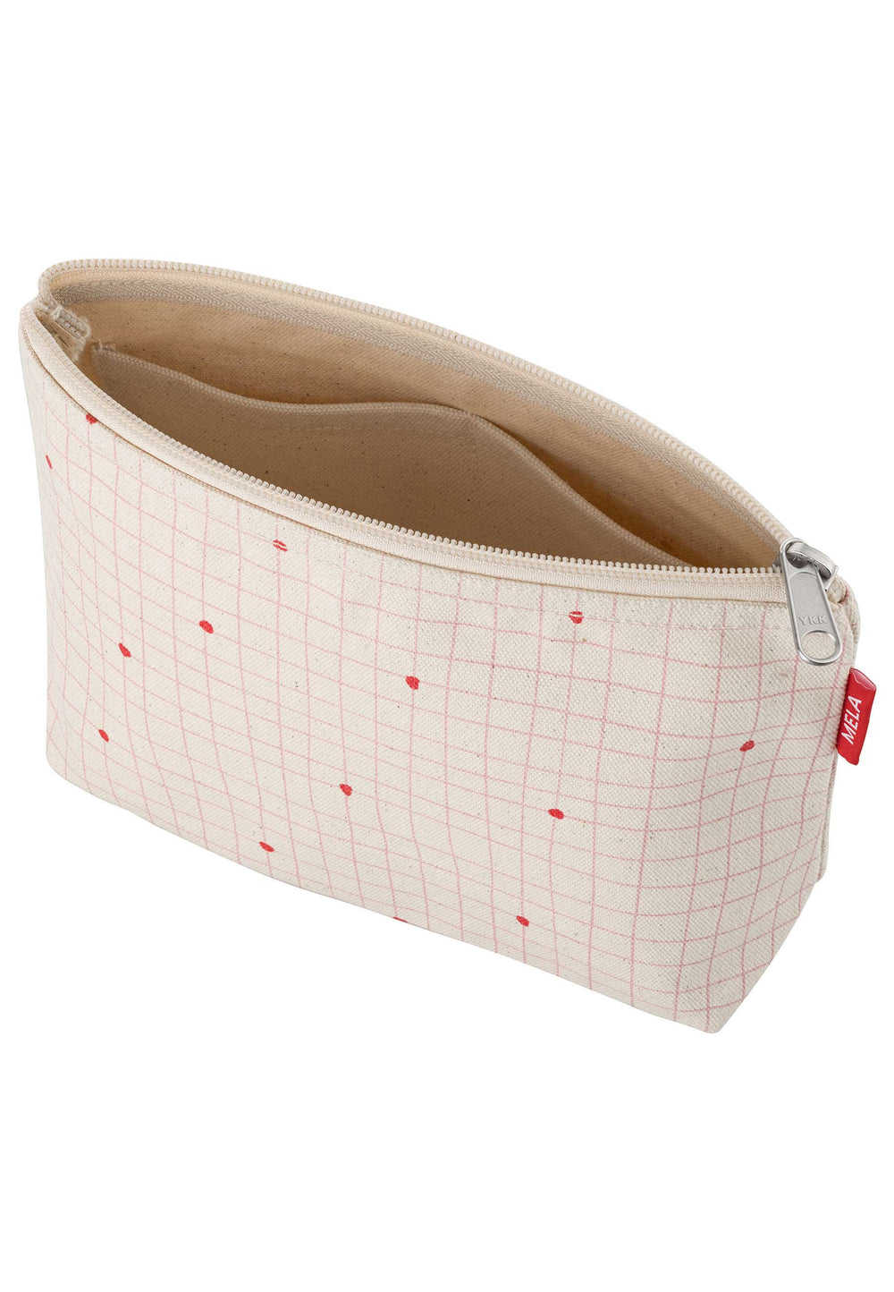 Grosse Kosmetiktasche Greige Candy Grid Print von Mela, geöffnet mit Innenfutter