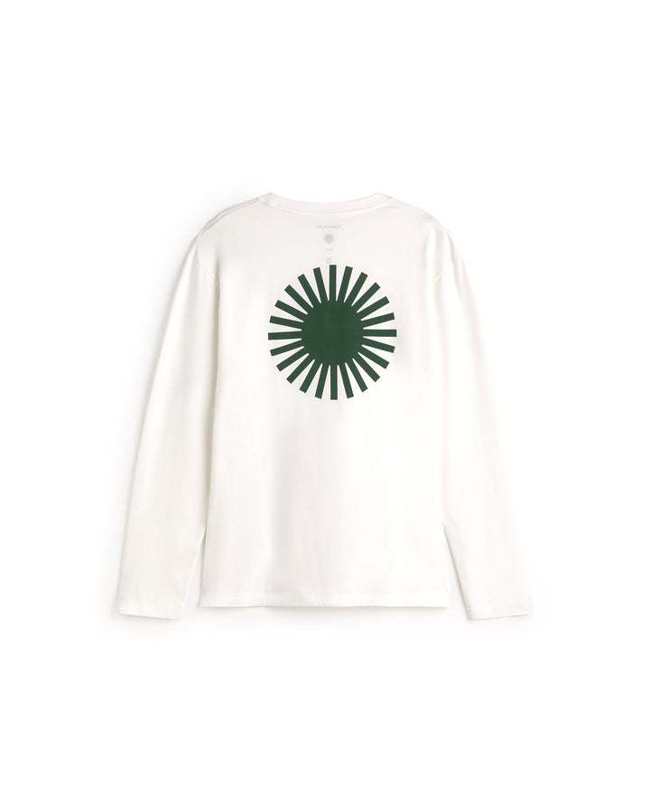 Langarmshirt Big Sol Weiss von Thinking MU, Freisteller Rückseite mit grüner Sonne