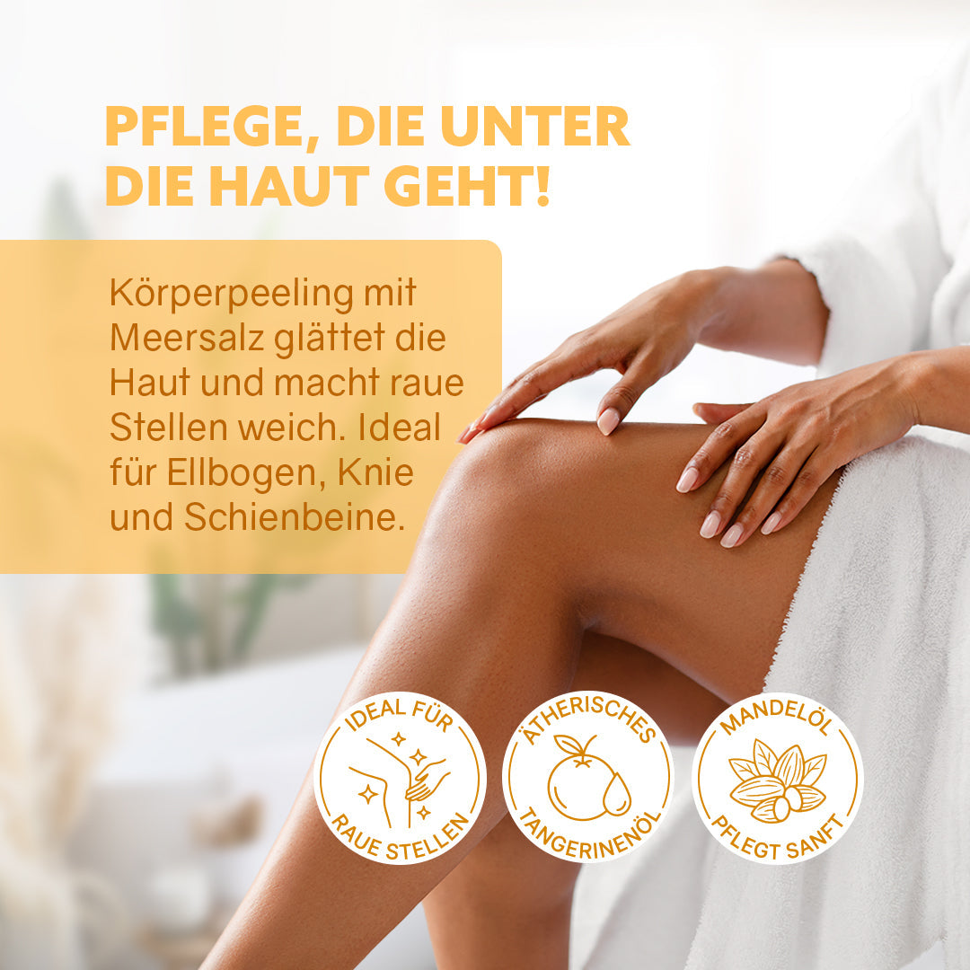 Anwendung Meersalz-Peeling Tangerine am Bein - Puremetics