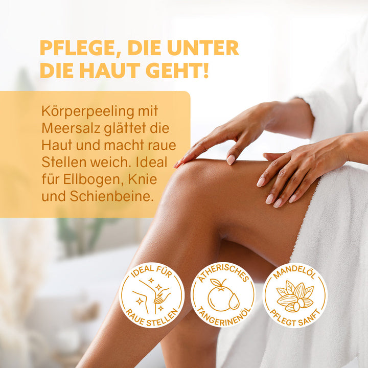 Anwendung Meersalz-Peeling Tangerine am Bein - Puremetics