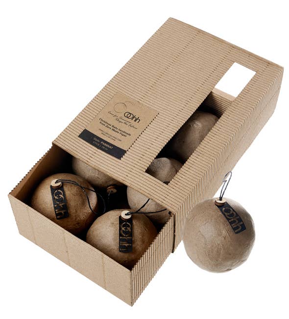 Geschenkbox mit 6 Pulp-Weihnachtskugeln Natural