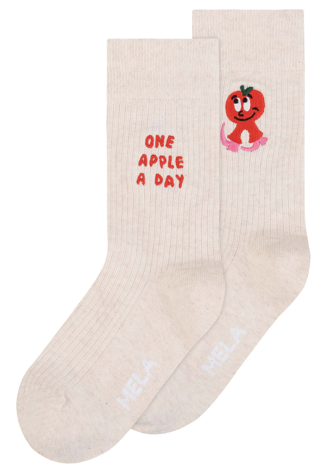 Ribbed Socks Artist Edition 2-Pack von MELA in Cream Melange mit Apfelmotiv