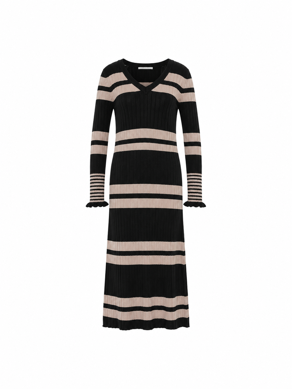 Rippen Strickkleid GOTS Black/Camel Mouliné von Lanius freigestellt
