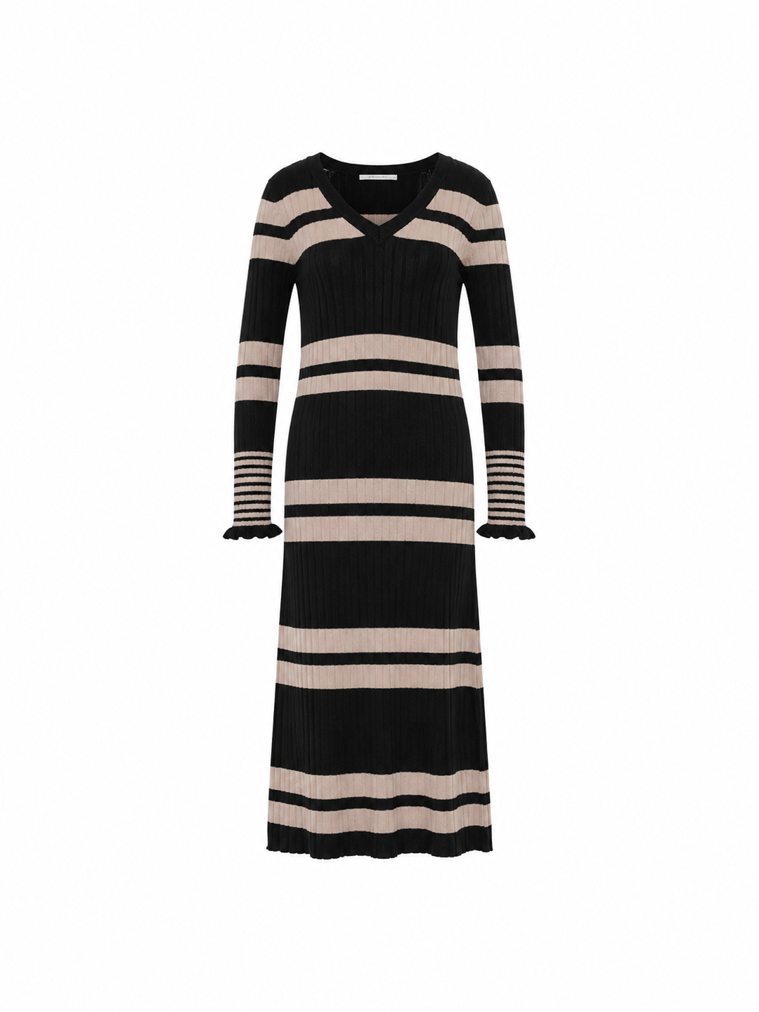 Rippen Strickkleid GOTS Black/Camel Mouliné von Lanius freigestellt