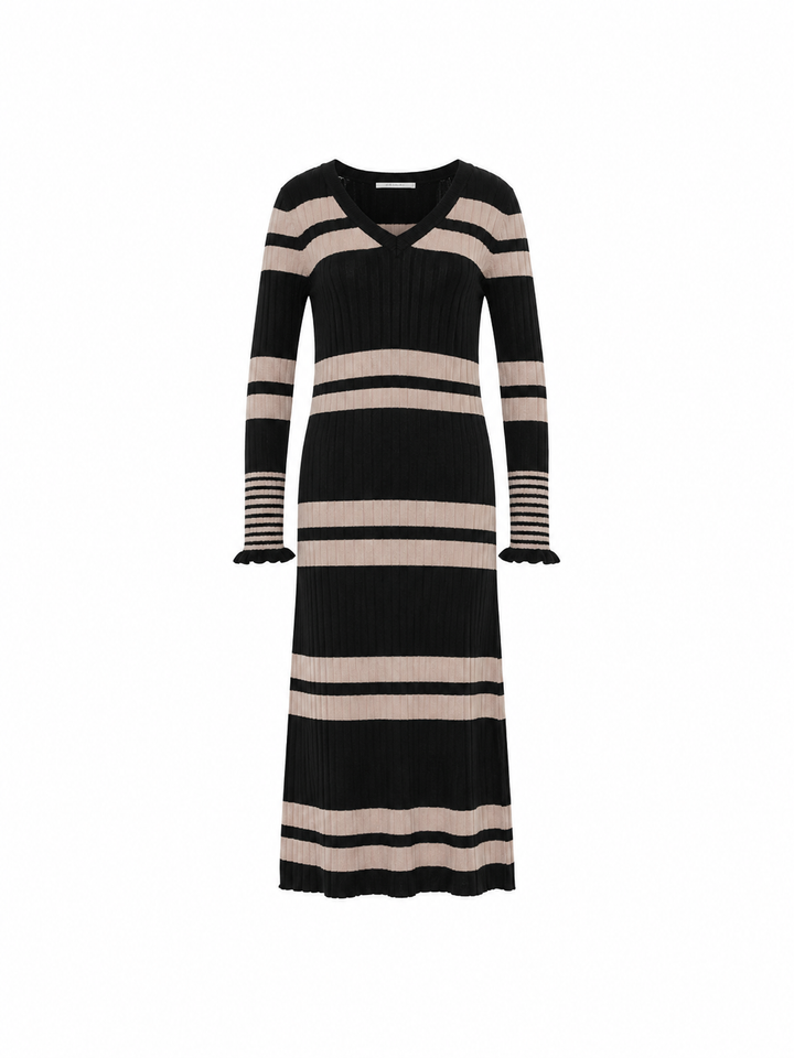 Rippen Strickkleid GOTS Black/Camel Mouliné von Lanius freigestellt