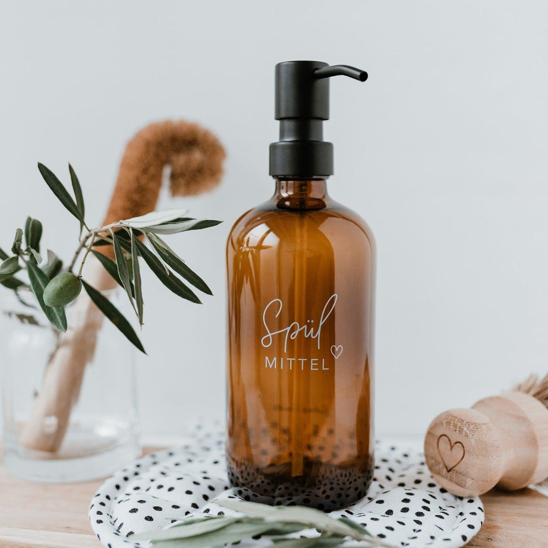 Seifenspender Spülmittel aus Braunglas 500 ml von Eulenschnitt mit schwarzem Pumpkopf