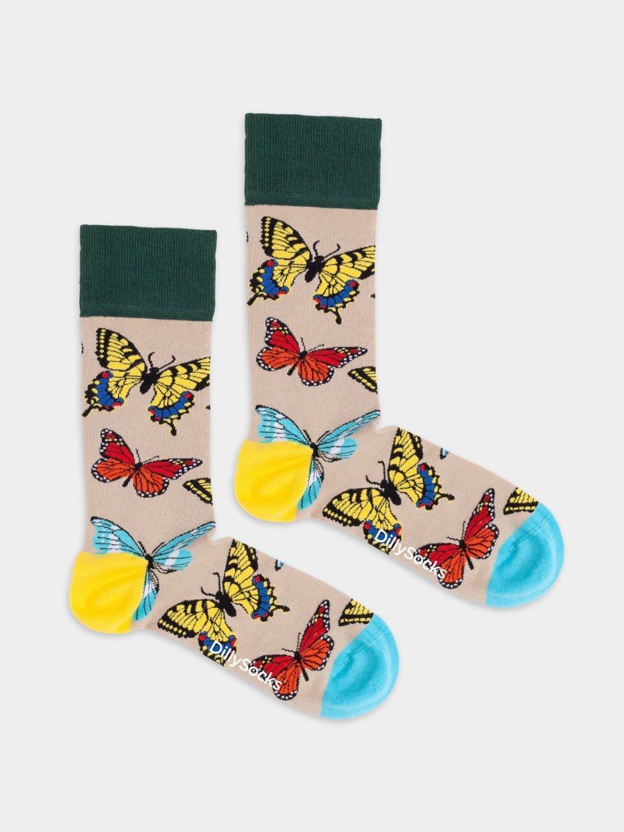 Socken Butterfly Bloom von DillySocks mit Schmetterlingsmotiv auf Beige