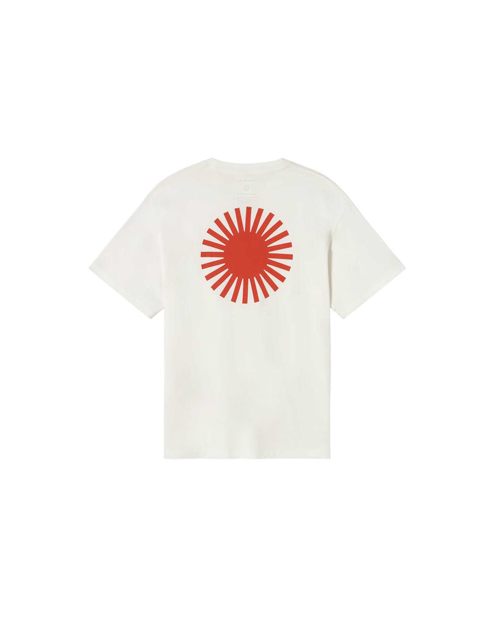 T-Shirt Sol Contrast Weiss von Thinking MU, Freisteller Rückseite mit roter Sonne
