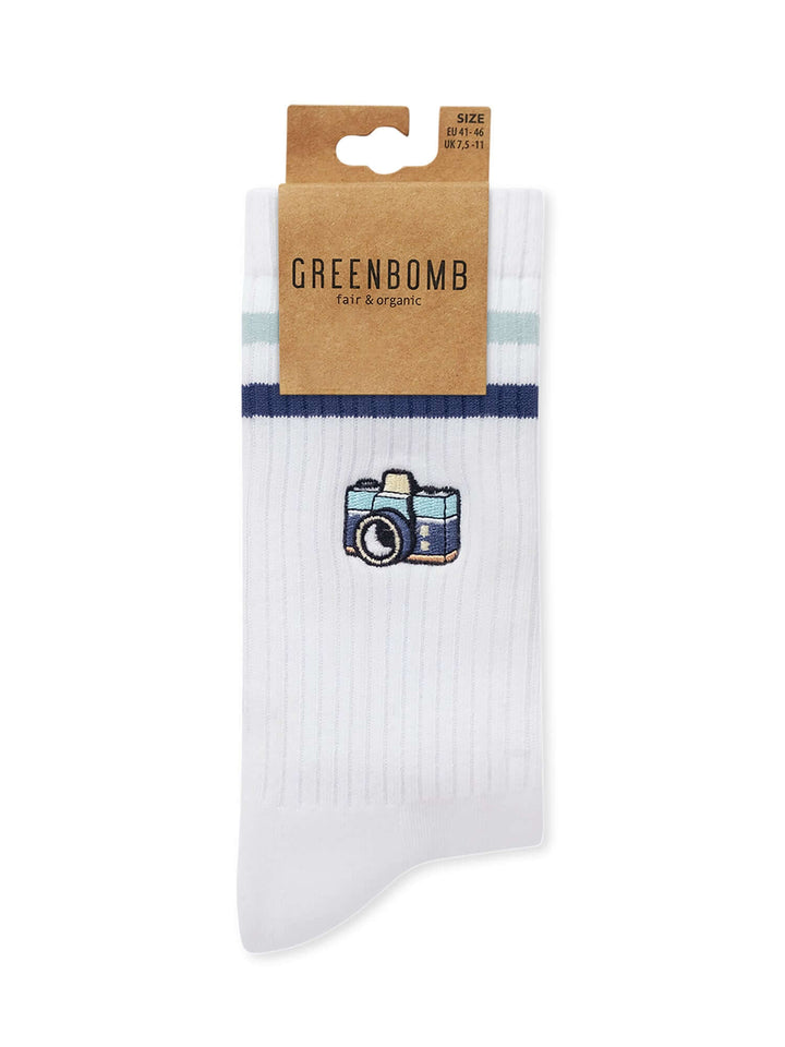Tennis Socken Camera Greenbomb, Detail Kamera-Stickerei